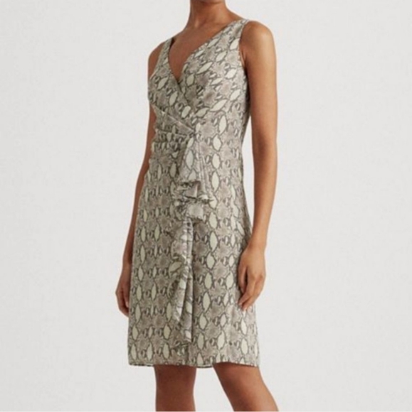 Lauren Ralph Lauren Taupe Snake Surplice Print Dress Womens 14 Midi Python EUC - Picture 15 of 16